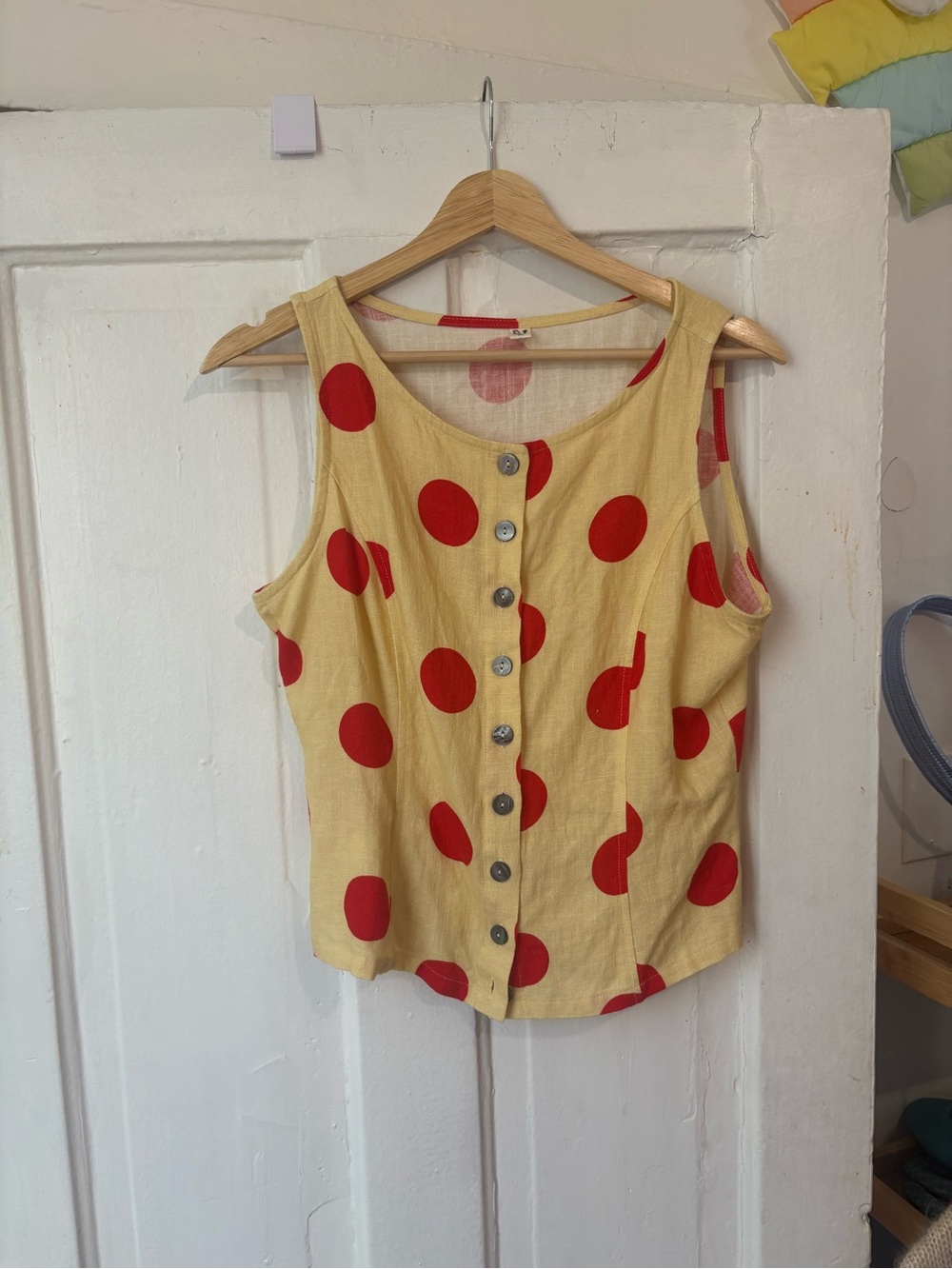 Fashion Brand Company Linen Tank-Yellow and and Red Clown Polka Dot Medium